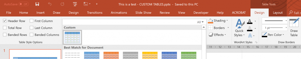 Example PowerPoint table style submenu