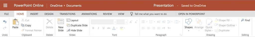 PowerPoint 365 online menu